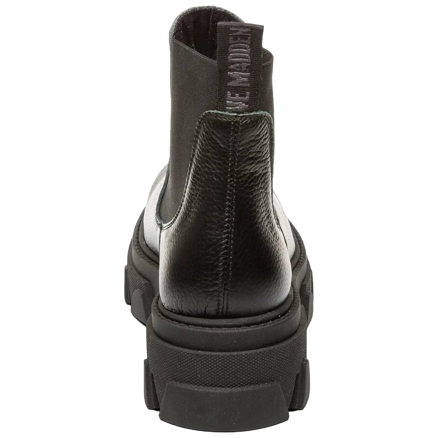 A black and gray ankle boot stands upright showcasing a textured leather finish and a thick sole with a tab for easy pull-on use against a plain white background.