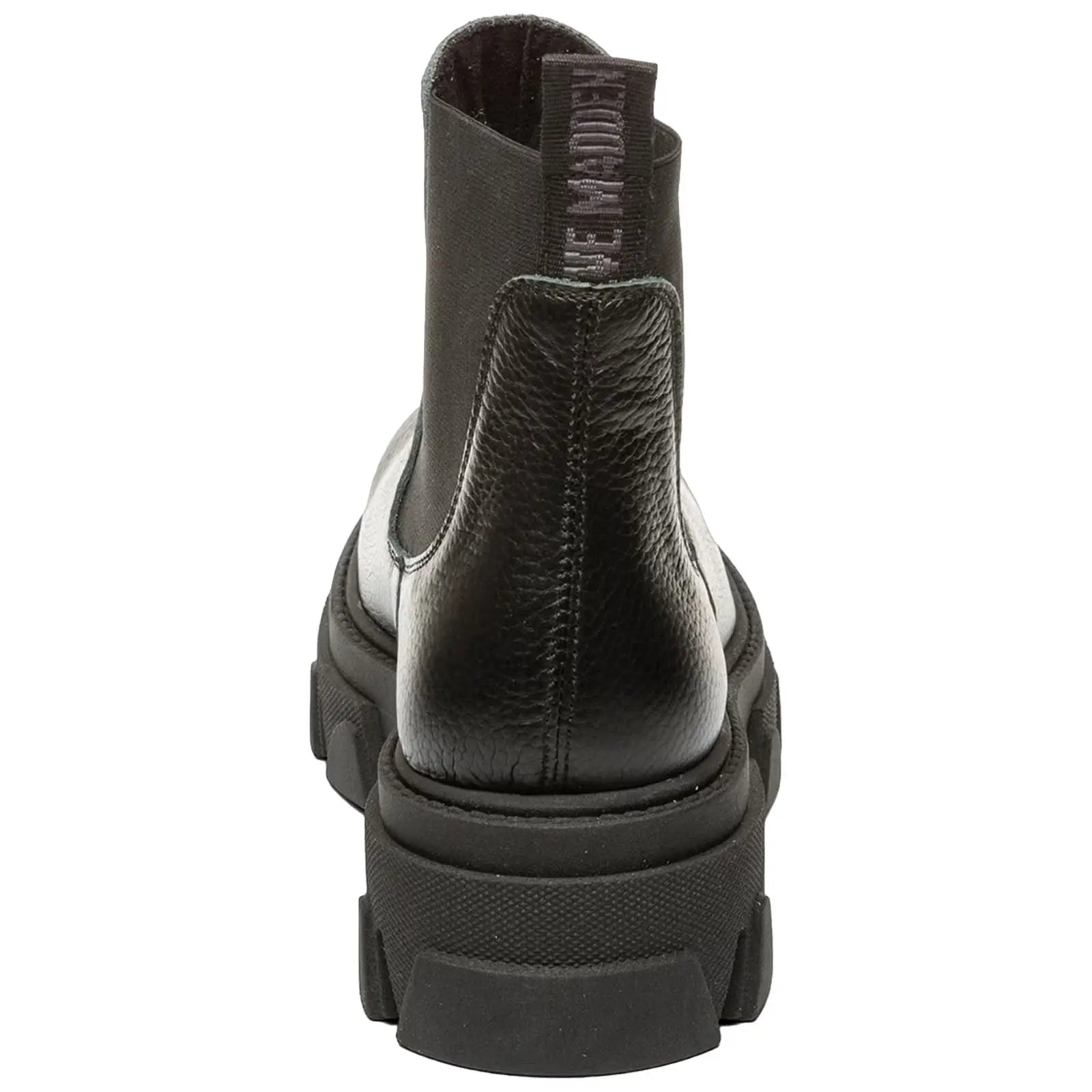 A black and gray ankle boot stands upright showcasing a textured leather finish and a thick sole with a tab for easy pull-on use against a plain white background.