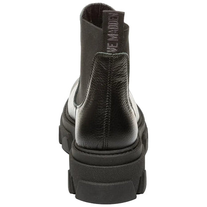 A black and gray ankle boot stands upright showcasing a textured leather finish and a thick sole with a tab for easy pull-on use against a plain white background.