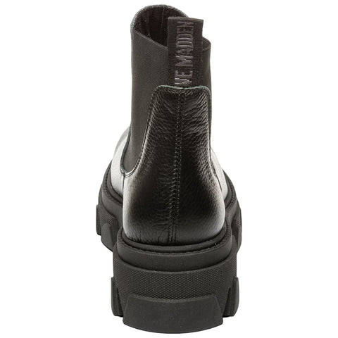 A black and gray ankle boot stands upright showcasing a textured leather finish and a thick sole with a tab for easy pull-on use against a plain white background.