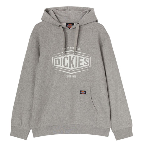 A gray hooded sweatshirt with a front pocket displays the brand name "DICKIES" prominently in white text along with the phrase "QUALITY WORKWEAR SINCE 1922" above it.