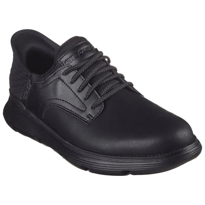 A black athletic shoe features a smooth leather upper with textured side panels and a thick rubber sole. It is designed for comfort and functionality in active environments.