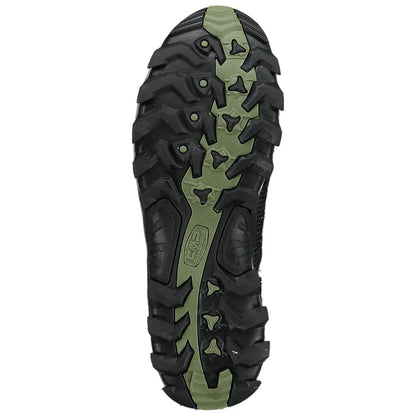 A black and green shoe sole is displayed featuring deep treads and ridges designed for grip and traction on various surfaces against a plain white background.