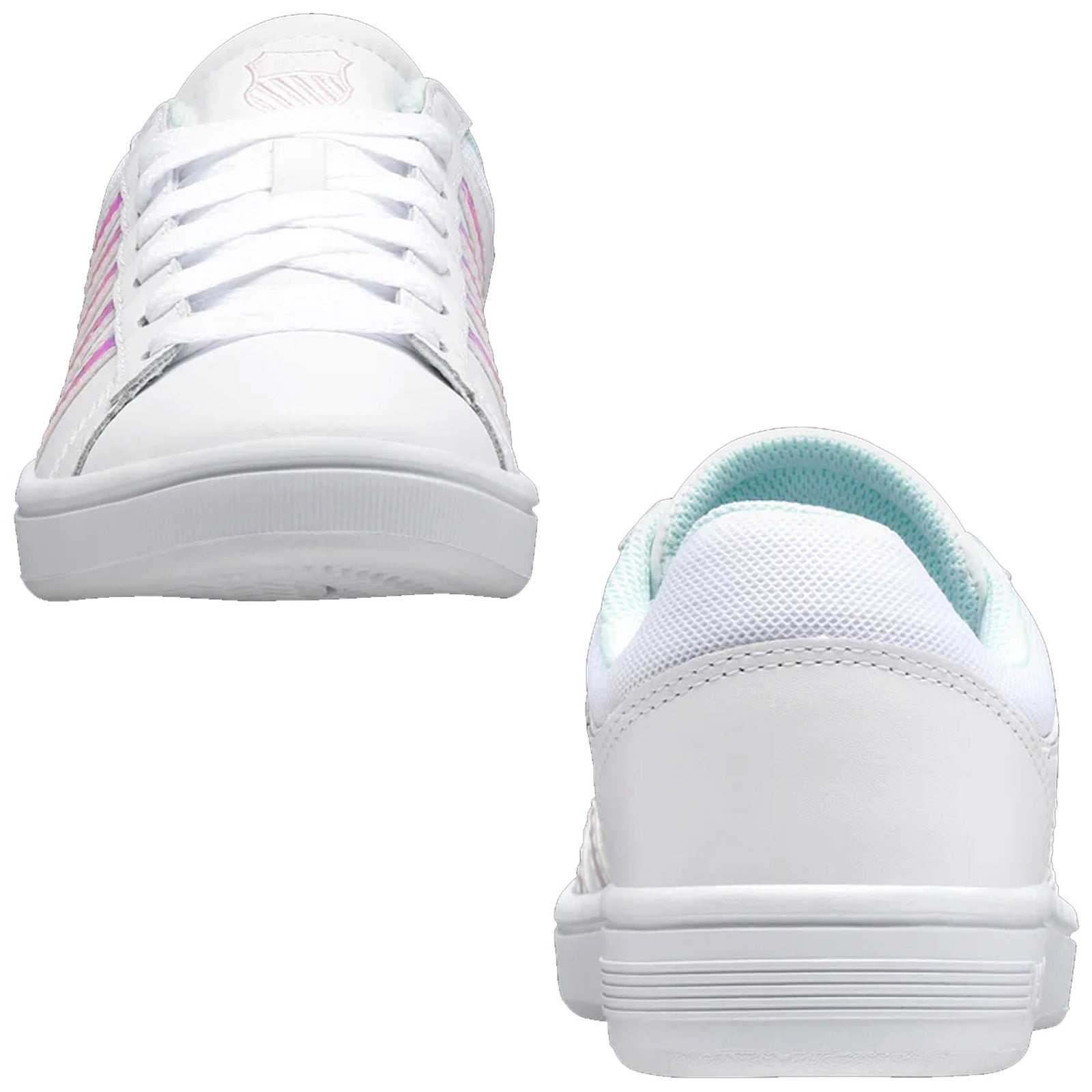 White sneakers are prominently displayed with laces tied and side stripes visible while positioned against a plain background showcasing their design and color details.