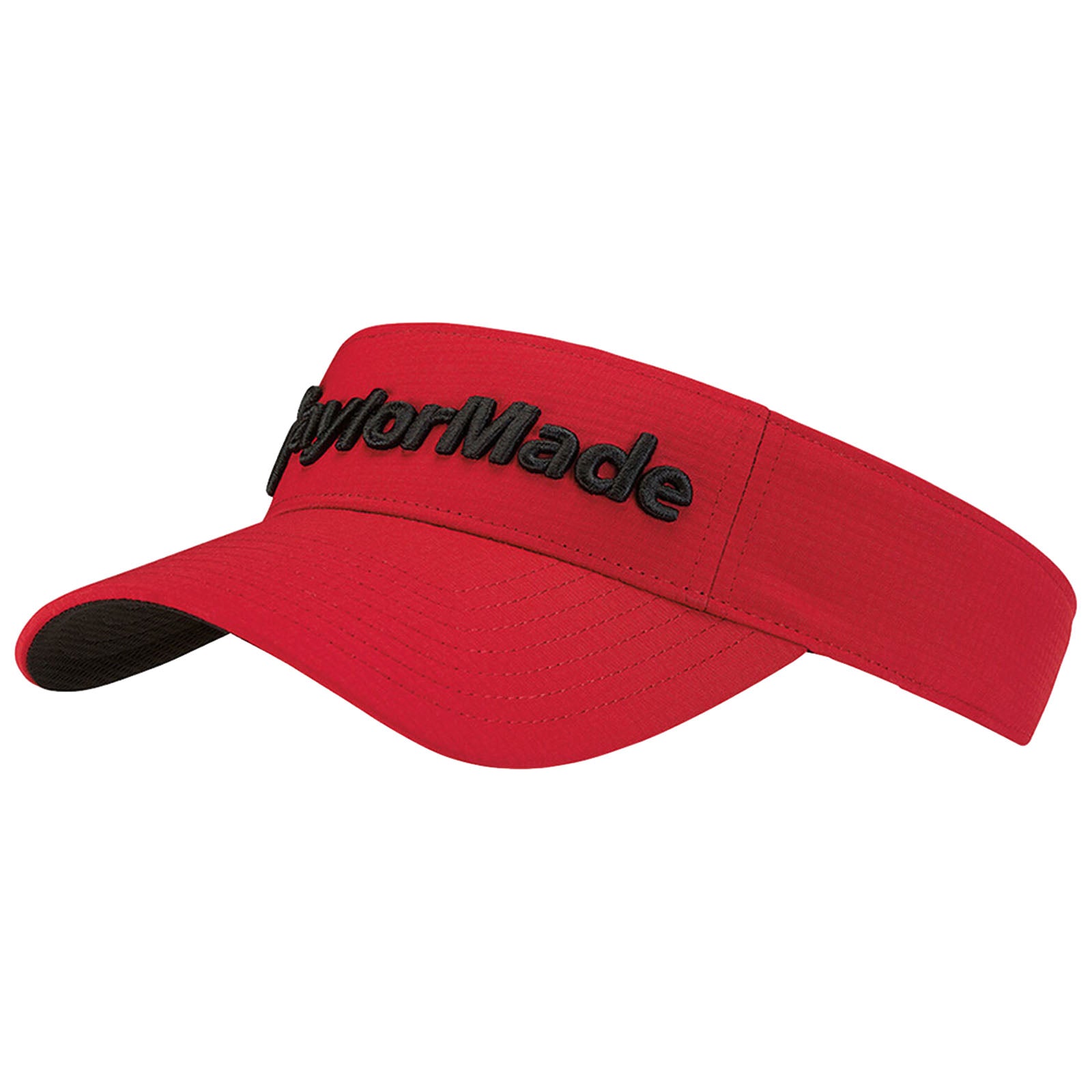 A red visor cap with a black embroidered "TaylorMade" logo is displayed tilted to one side against a plain background emphasizing its sporty design suitable for outdoor activities.