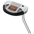 A golf putter lies on a flat surface with a sleek design featuring a metallic finish and a black grip. The brand logo and model name are visible on the head.