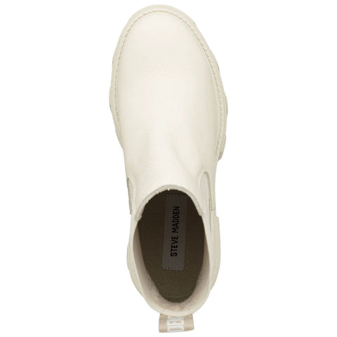A white ankle boot is positioned upright showing a smooth leather texture with elastic side panels and a pull tab at the back featuring the brand name Steve Madden clearly visible inside the boot.