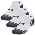 Three pairs of athletic socks are displayed with a white top and a dark grey bottom featuring a logo on the side in a clean, simple arrangement against a white background.