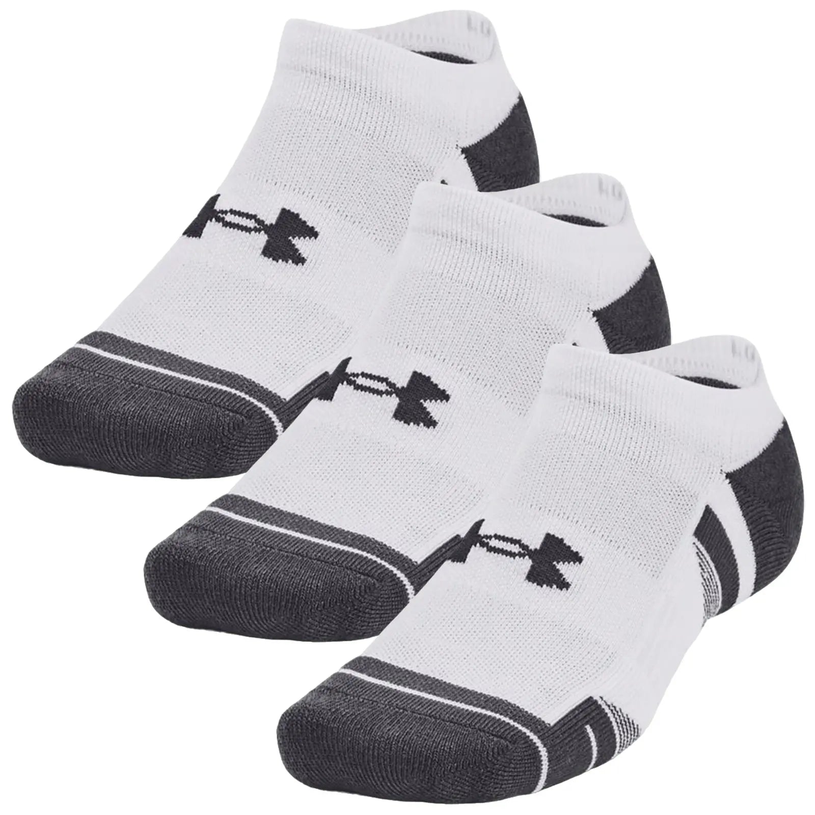 Three pairs of athletic socks are displayed with a white top and a dark grey bottom featuring a logo on the side in a clean, simple arrangement against a white background.