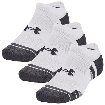 Three pairs of athletic socks are displayed with a white top and a dark grey bottom featuring a logo on the side in a clean, simple arrangement against a white background.