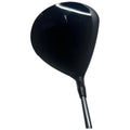 A black golf driver is positioned upright against a plain background showcasing its glossy head and sleek shaft ready for use on a golf course or range.