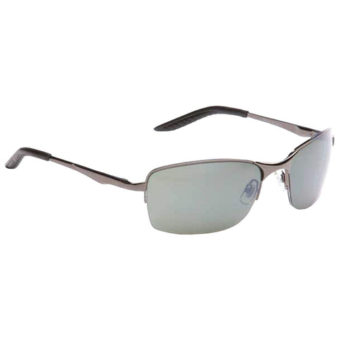 Sunglasses are displayed with dark mirrored lenses and metallic gray frames resting on a plain white background highlighting their sleek design and potential for outdoor wear.