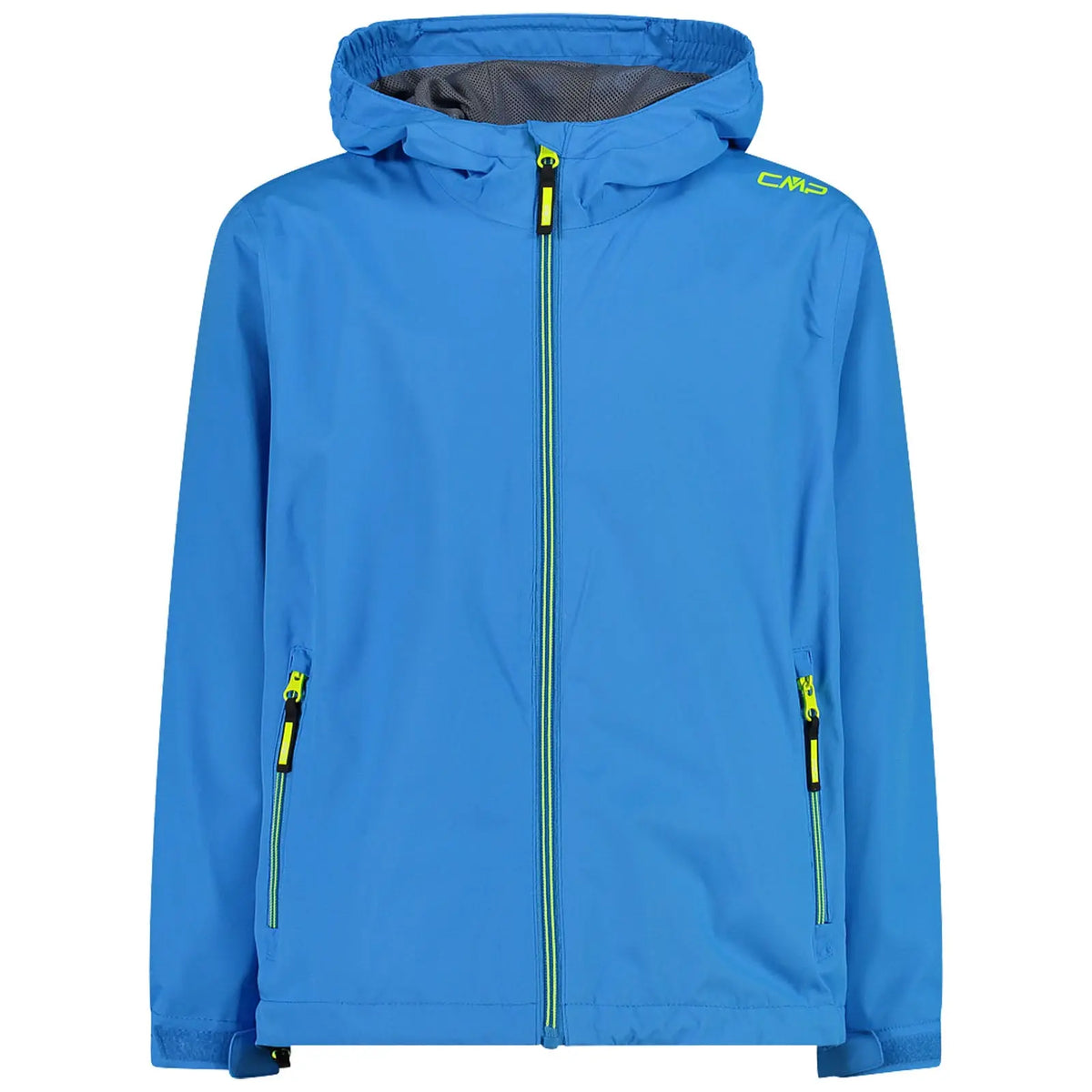 A bright blue jacket with a hood features a front zipper and two zippered pockets highlighting contrasting yellow details designed for outdoor wear in a casual setting.