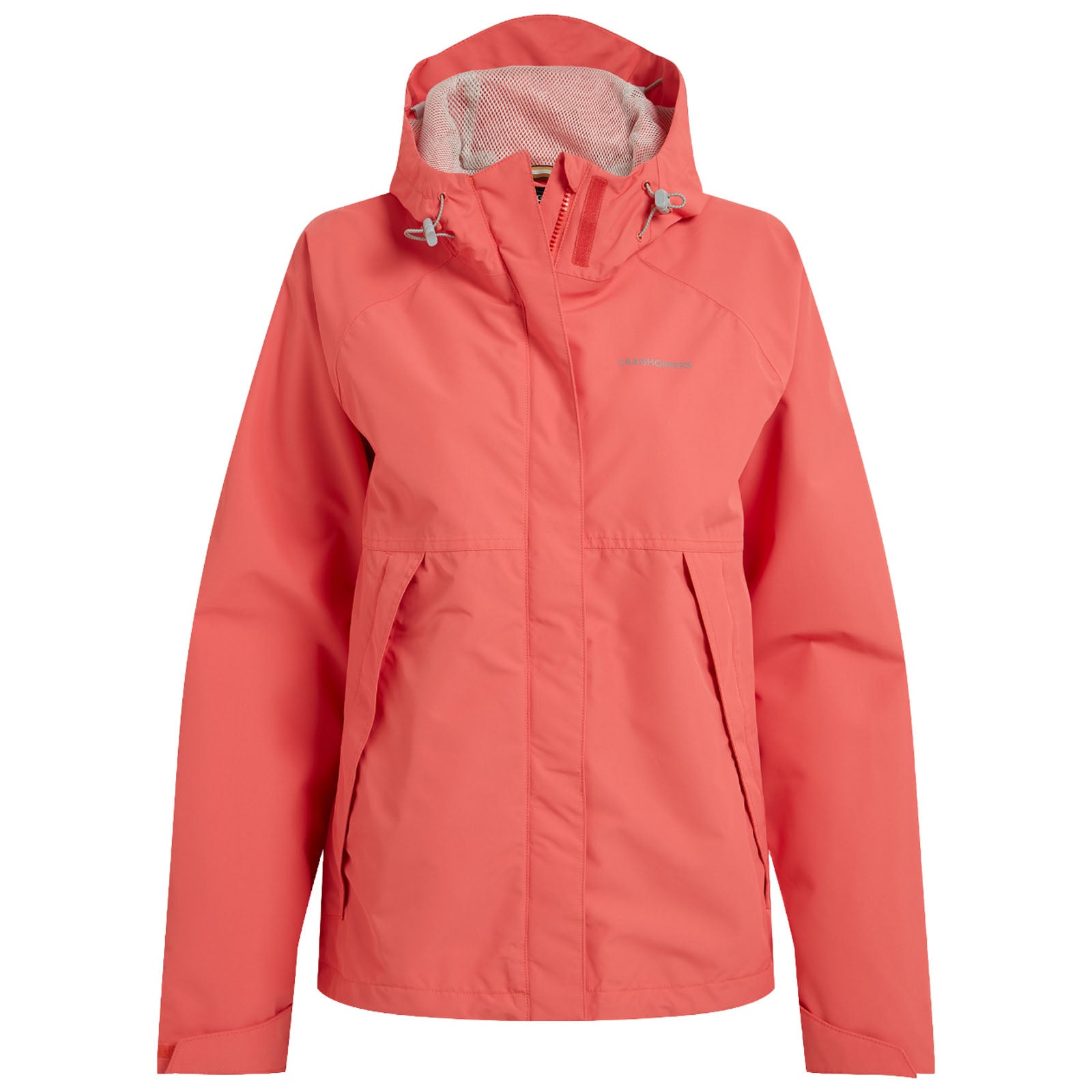 A coral-colored jacket is displayed frontally with a hood and zippered closure featuring two side pockets designed for outdoor use.