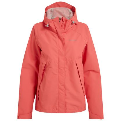 A coral-colored jacket is displayed frontally with a hood and zippered closure featuring two side pockets designed for outdoor use.
