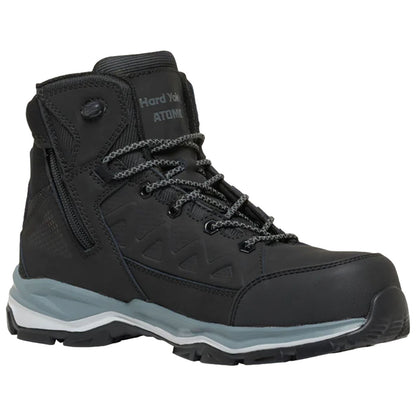 A black hiking boot stands upright featuring gray laces and a sturdy sole designed for traction and support in rugged terrain. It has a high ankle design for added stability.