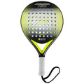 A paddle with a round head features a polka dot pattern and a yellow highlight The grip is wrapped and includes a strap for securing during play
