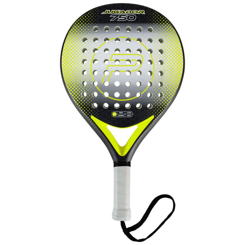 A paddle with a round head features a polka dot pattern and a yellow highlight The grip is wrapped and includes a strap for securing during play