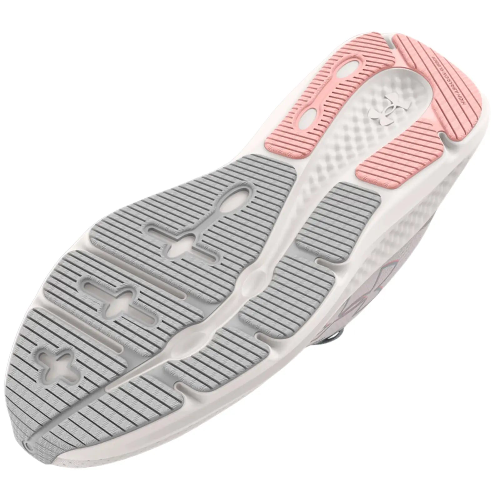 A sneaker sole features a detailed tread design with both gray and pink rubber elements showcasing grooves and patterns intended for traction on various surfaces in an athletic context.