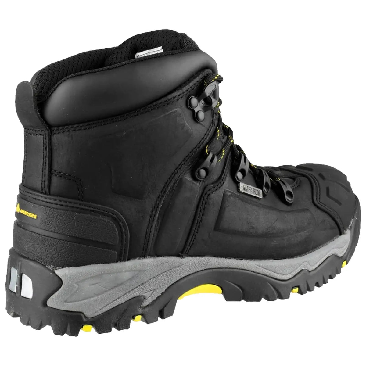 A black hiking boot features a rugged design with yellow accents and metal eyelets for laces positioned on a gray sole, designed for durability in outdoor settings.