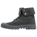 A black high-top boot with a folded collar sits upright showcasing its fabric texture laces and rubber sole designed for outdoor use in casual or rugged environments.