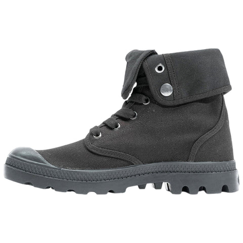 A black high-top boot with a folded collar sits upright showcasing its fabric texture laces and rubber sole designed for outdoor use in casual or rugged environments.