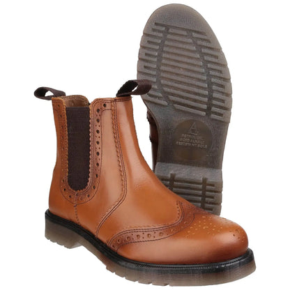 Brown leather Chelsea boots are displayed upright with the sole facing up showing a textured pattern while the boots feature elastic side panels and pull tabs for easy wear