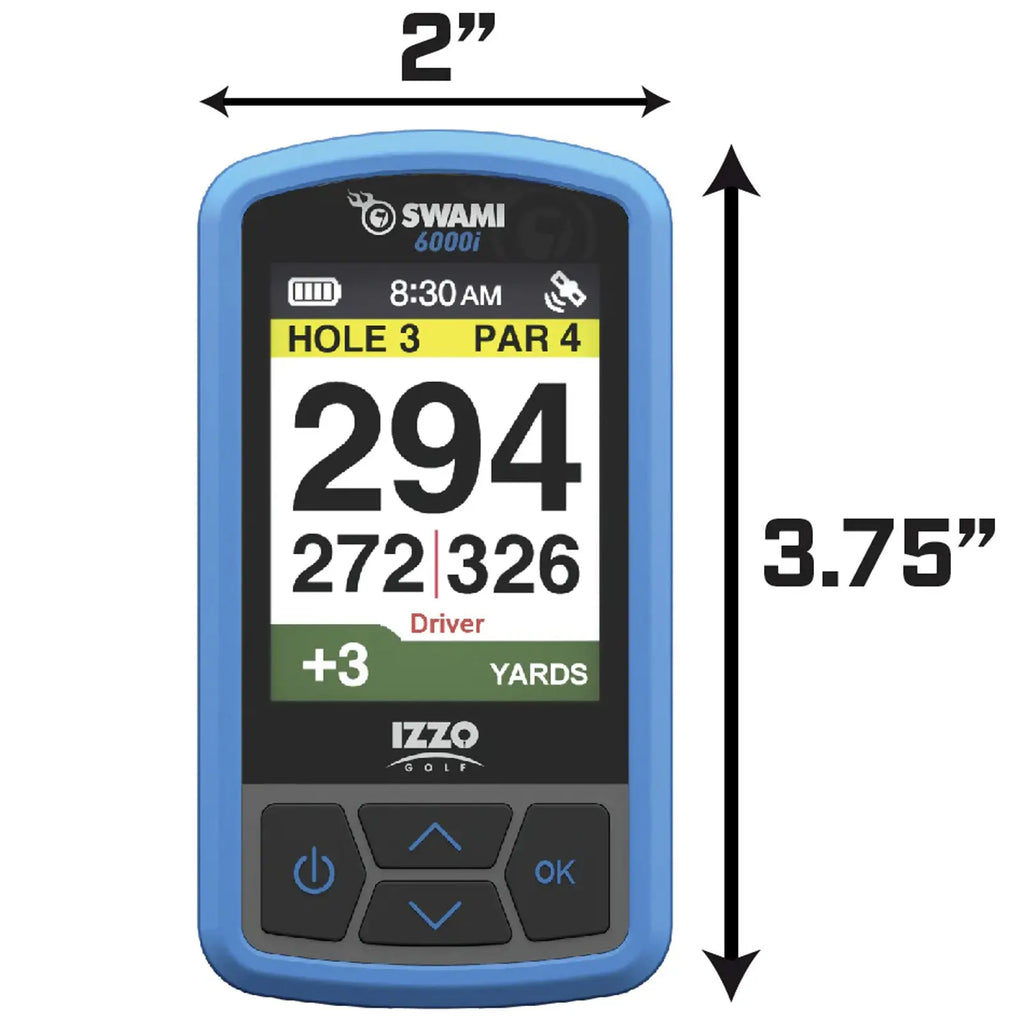 A compact golf GPS device displays distance measurements for a hole including yardages and a driver's recommendation within a golf course context with navigation buttons below the screen.