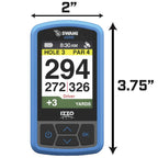 A compact golf GPS device displays distance measurements for a hole including yardages and a driver's recommendation within a golf course context with navigation buttons below the screen.