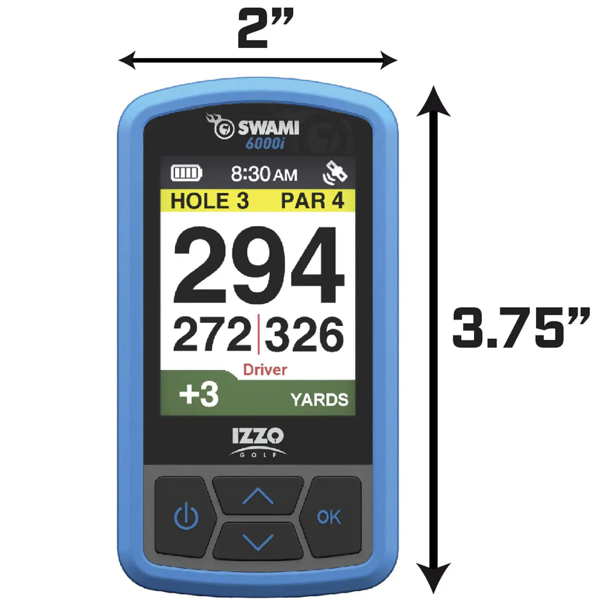 A compact golf GPS device displays distance measurements for a hole including yardages and a driver's recommendation within a golf course context with navigation buttons below the screen.