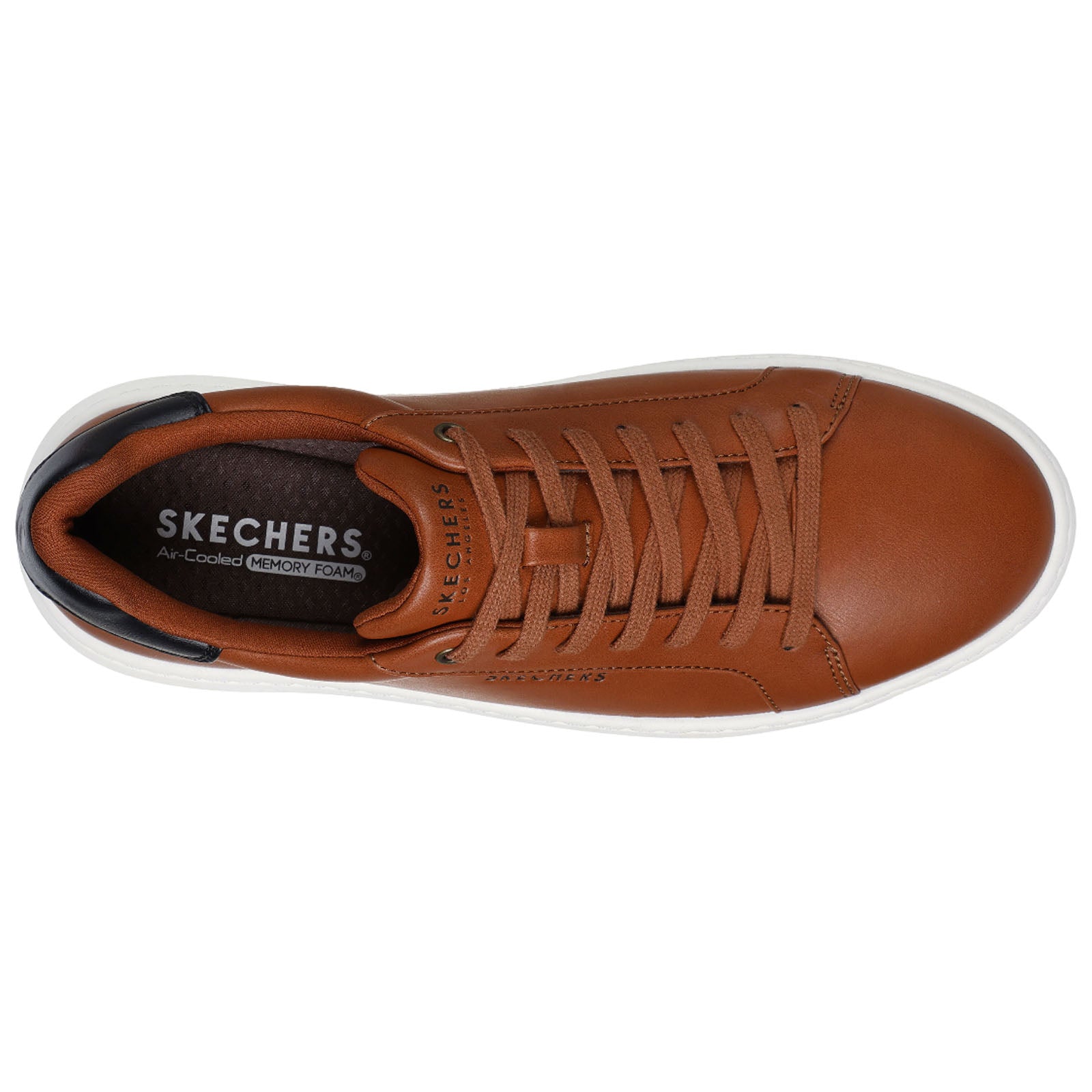Brown leather sneaker with a white sole lies horizontally while showcasing smooth texture and lace-up design labeled SKECHERS Air-Cooled MEMORY FOAM inside a neutral background.