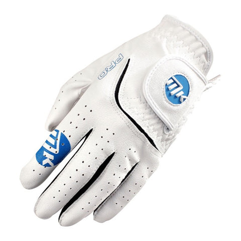 A white golf glove with perforations is displayed against a plain background showcasing its sleek design and branding features including a blue logo and the word PRO.