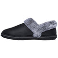 A black slipper with a gray fuzzy collar rests on a flat surface showcasing its simple and cozy design ideal for indoor wear.