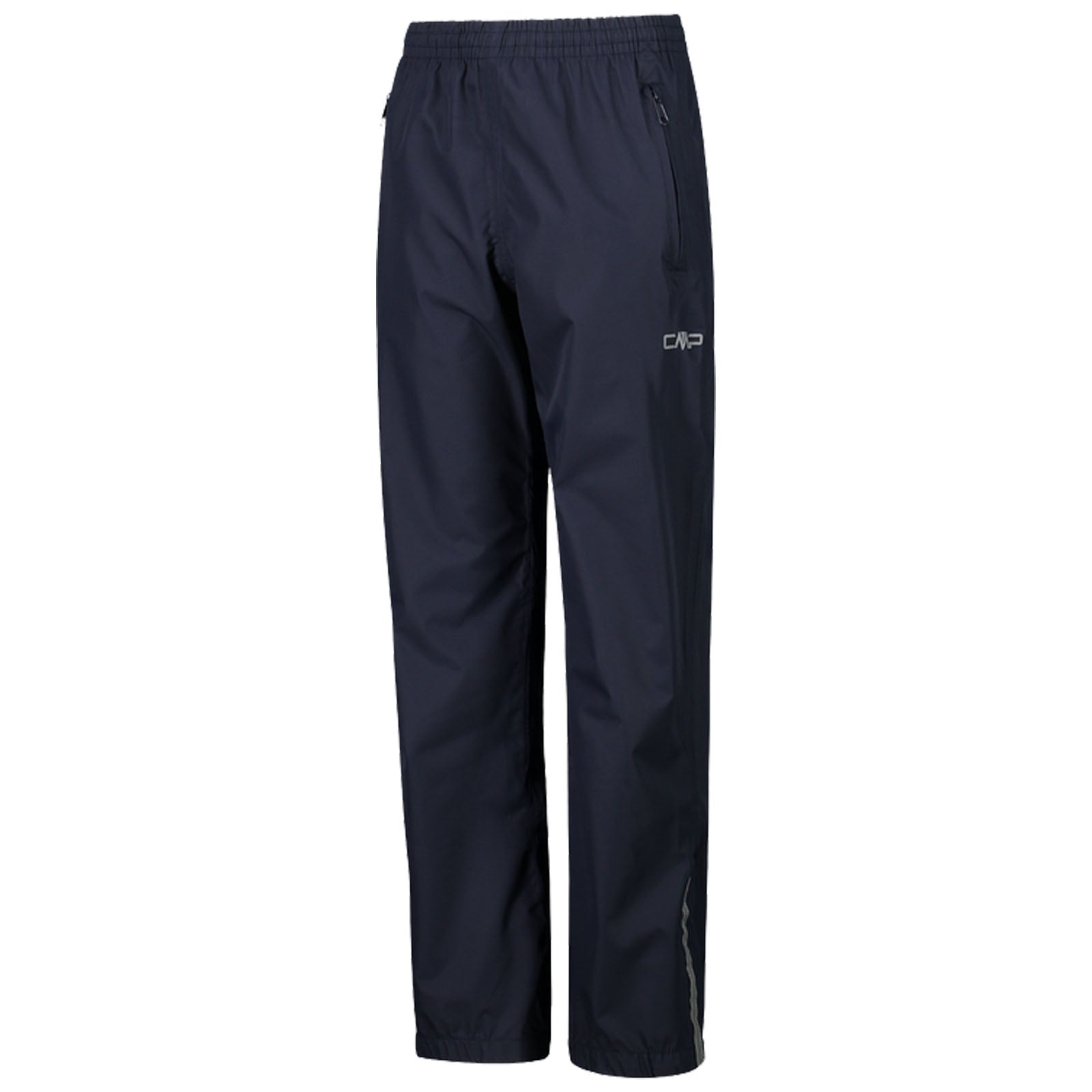 Navy waterproof pants hang upright showcasing an elastic waistband and zippered pockets designed for outdoor activities offering protection from rain in a casual or athletic context.