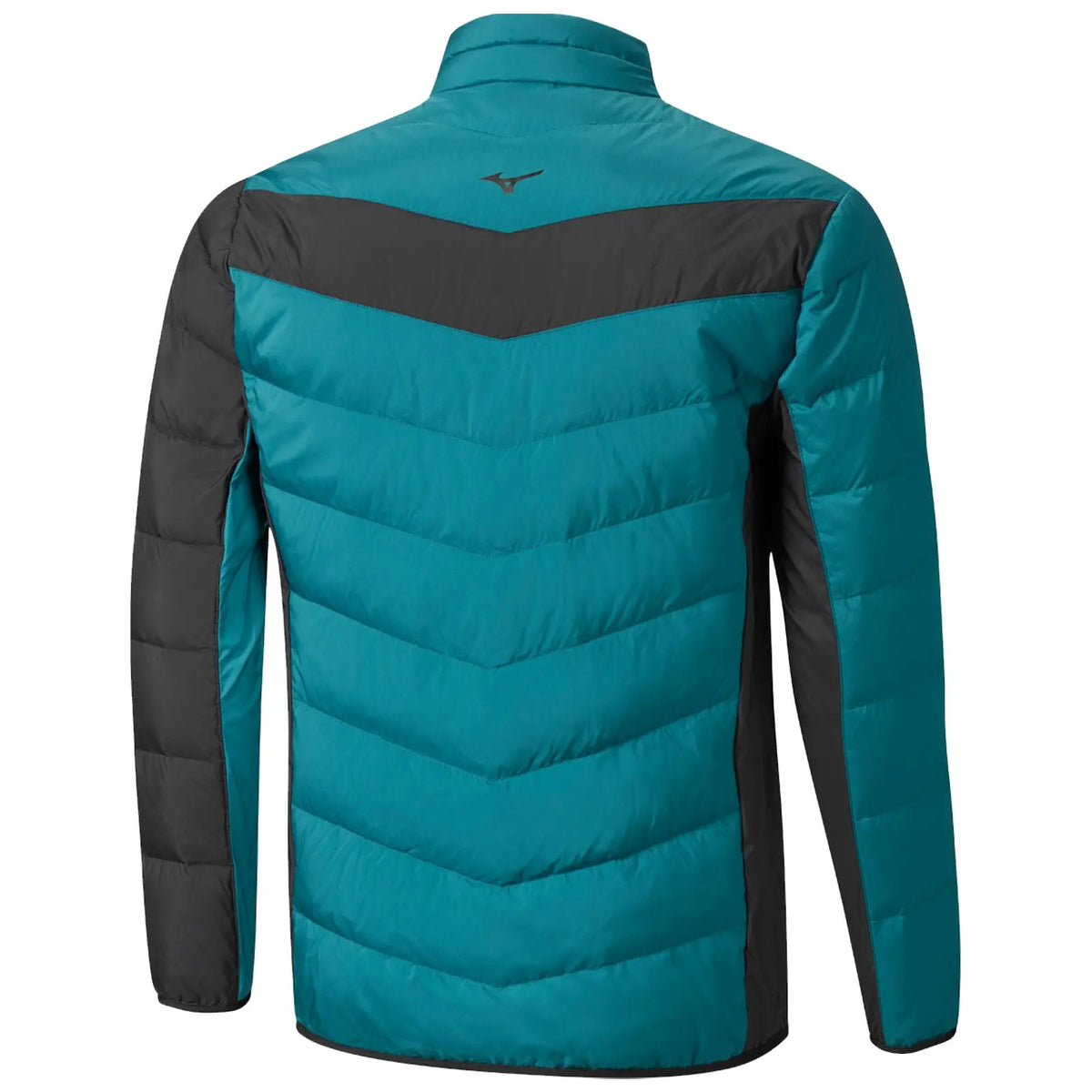 A teal and black insulated jacket is displayed from the back showcasing a chevron pattern on the fabric with a stand-up collar designed for outdoor or cold weather use.