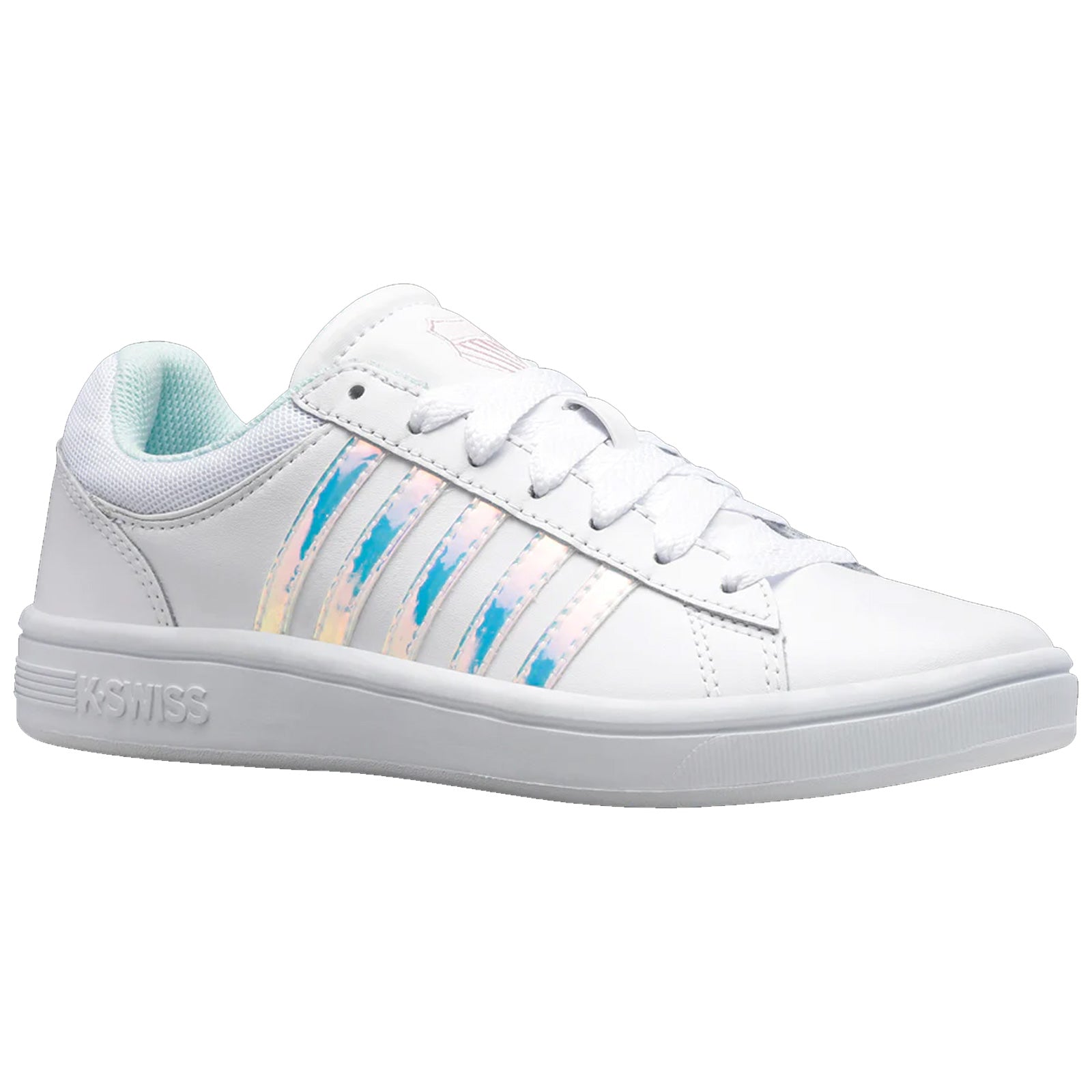 White sneakers with a smooth finish feature iridescent stripes and are positioned at an angle against a plain background showcasing their sleek design and modern style.