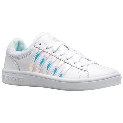 White sneakers with a smooth finish feature iridescent stripes and are positioned at an angle against a plain background showcasing their sleek design and modern style.