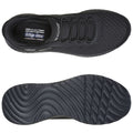 A black slip-on shoe with a textured upper and flexible sole is presented from two angles highlighting its design and casual style suitable for everyday wear.