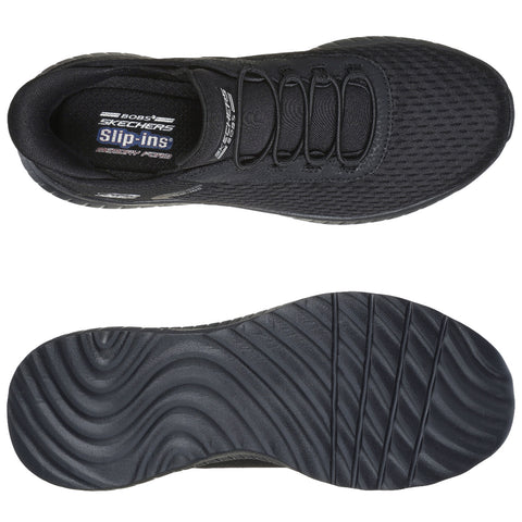 A black slip-on shoe with a textured upper and flexible sole is presented from two angles highlighting its design and casual style suitable for everyday wear.