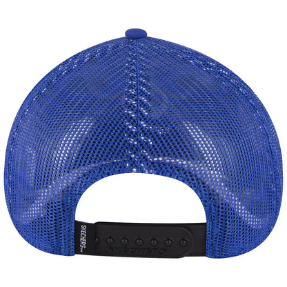 A blue mesh cap is positioned upside down displaying its interior design featuring a structured crown and adjustable black strap branded with "SKECHERS" along the edge.