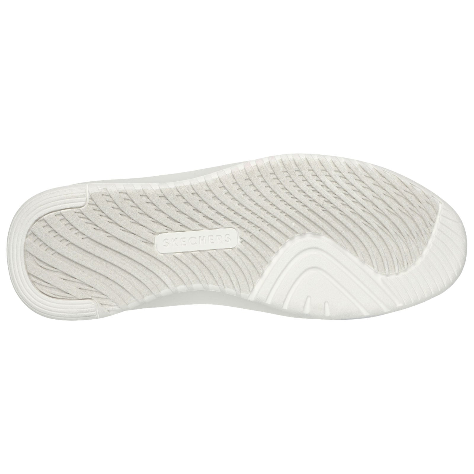 A white sneaker sole is displayed with textured patterns and the brand name SKECHERS embossed in the center showcasing a clean design suitable for casual wear or exercise.