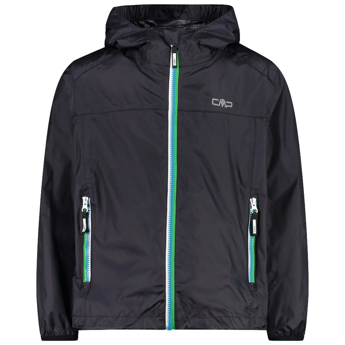 A black lightweight jacket with a hood features contrasting white and green zippers and a logo on the upper left side. The jacket is displayed against a plain background.