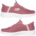 A pair of pink Skechers slip-on shoes is displayed from multiple angles showing a lightweight mesh design with a thick white sole suitable for casual wear and comfort.