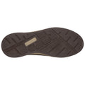 A shoe sole is displayed upright showcasing a textured rubber surface with various patterns for grip and traction in an undefined environment emphasizing its design and purpose.