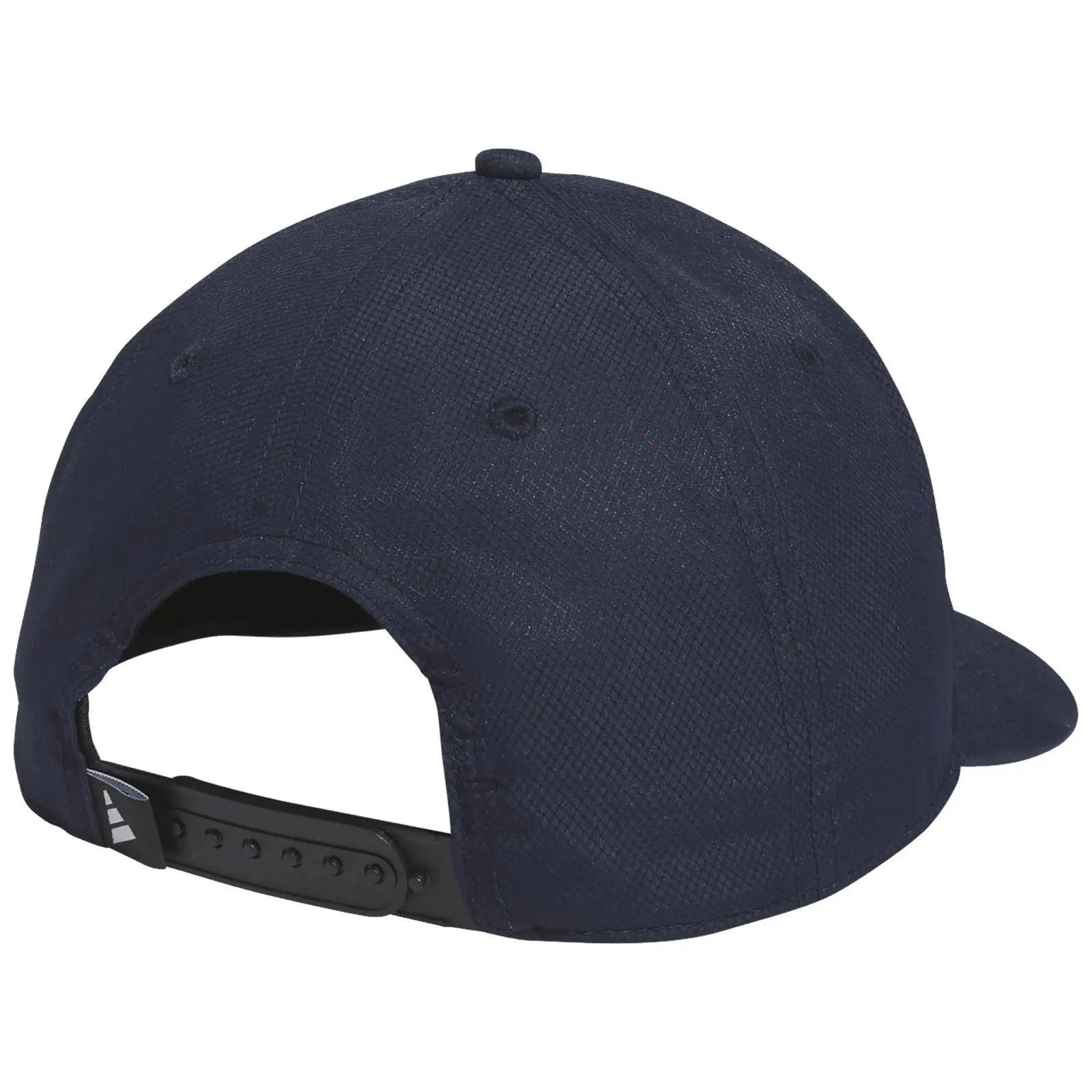 A dark navy baseball cap with a flat brim is positioned to show the back view featuring an adjustable strap and ventilation eyelets in a simple setting.