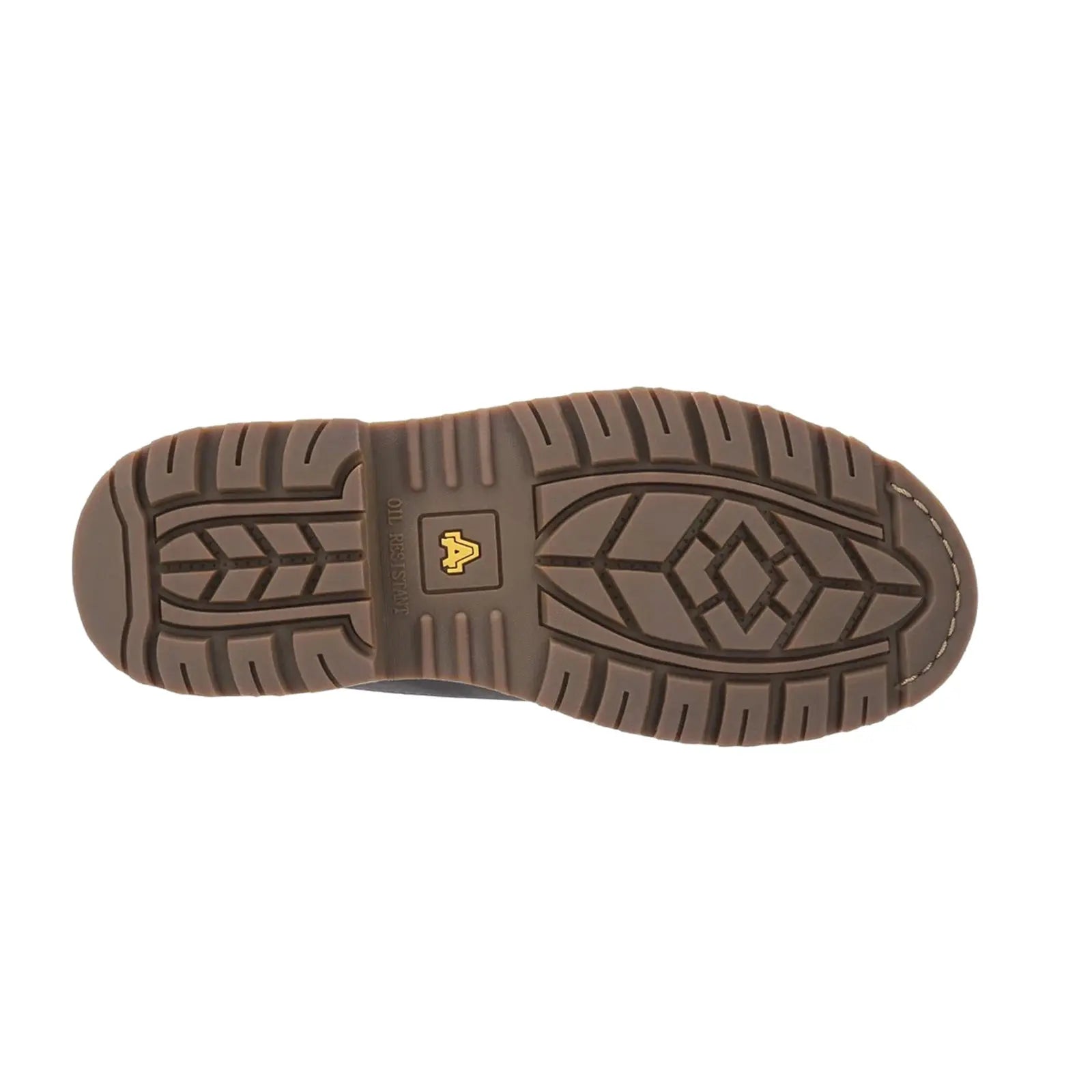 A brown rubber sole features a tread pattern designed for grip and stability highlighting its oil-resistant capability intended for use in various work environments.