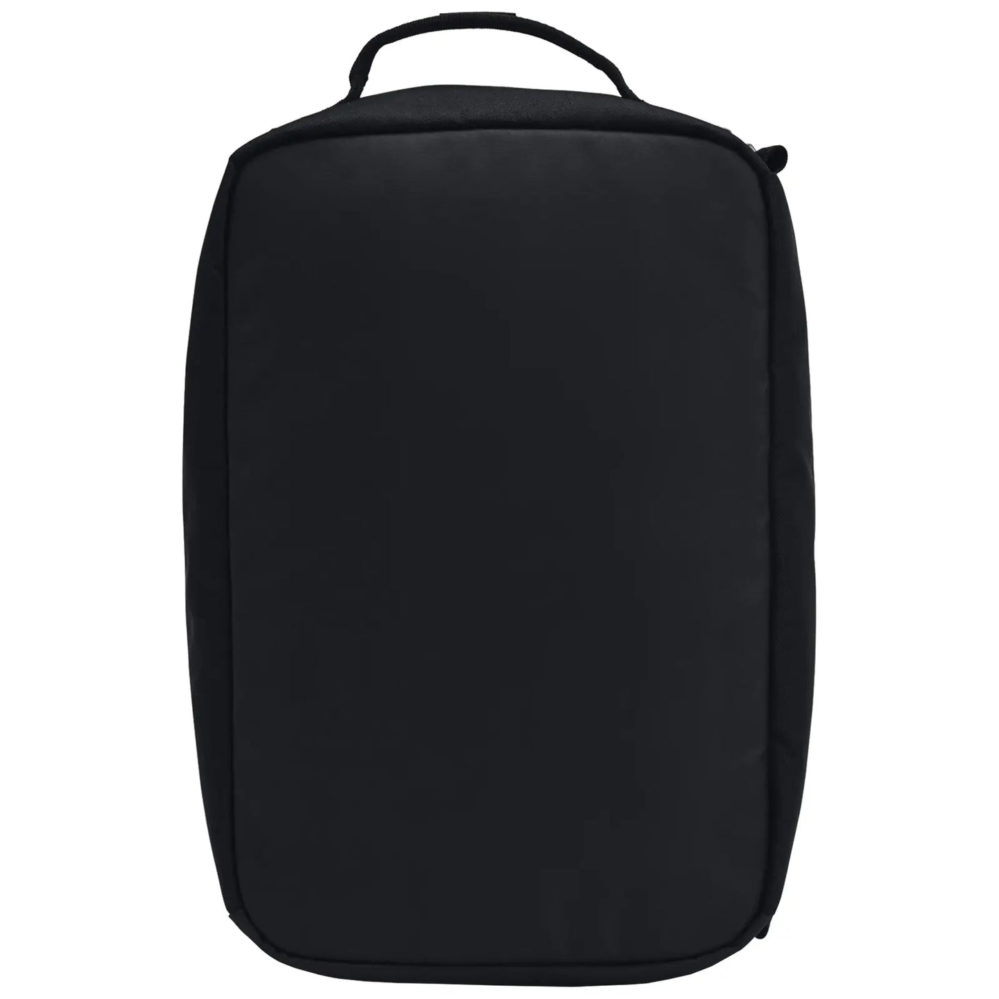 A black rectangular backpack stands upright with a top handle visible in the center indicating it is suitable for carrying. The surface appears smooth and unblemished.