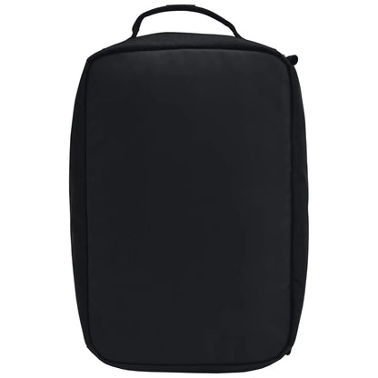 A black rectangular backpack stands upright with a top handle visible in the center indicating it is suitable for carrying. The surface appears smooth and unblemished.