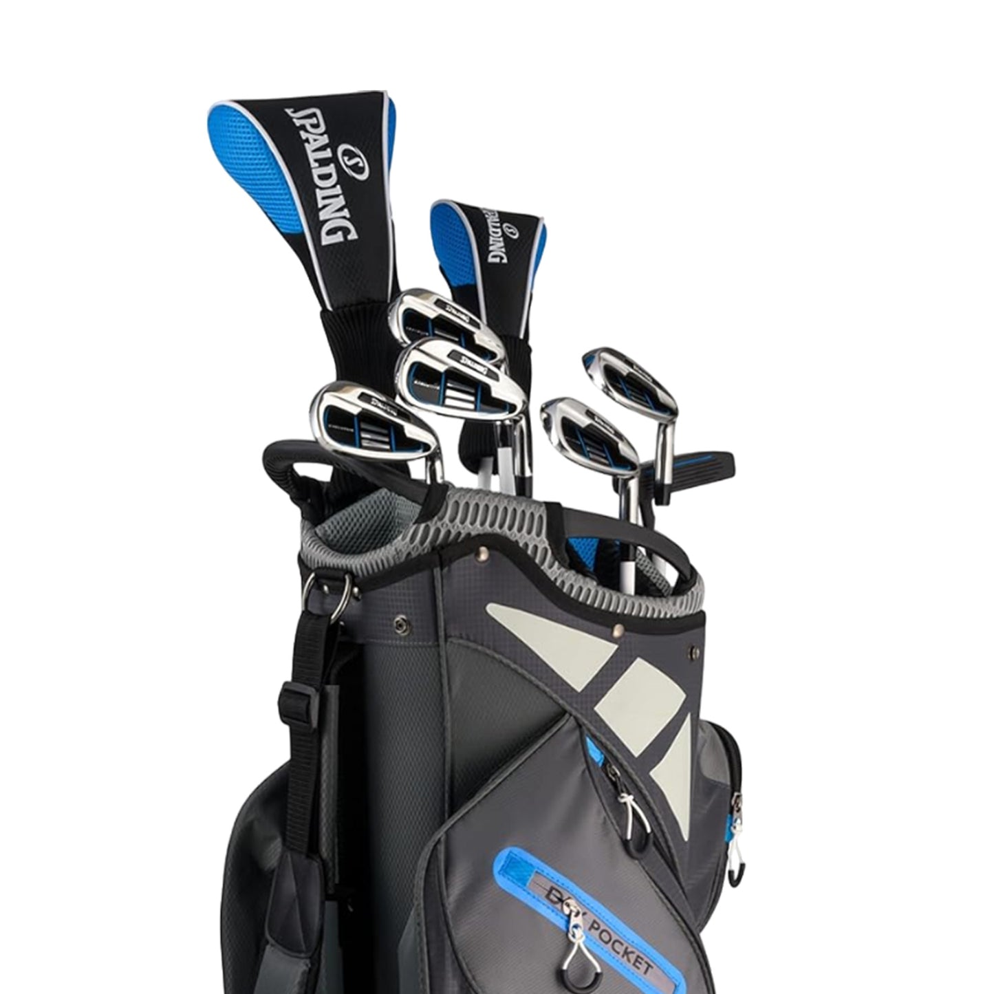 A golf bag stands upright displaying several clubs secured in place Its sleek design features black and gray material with blue accents and a labeled pocket for easy access.