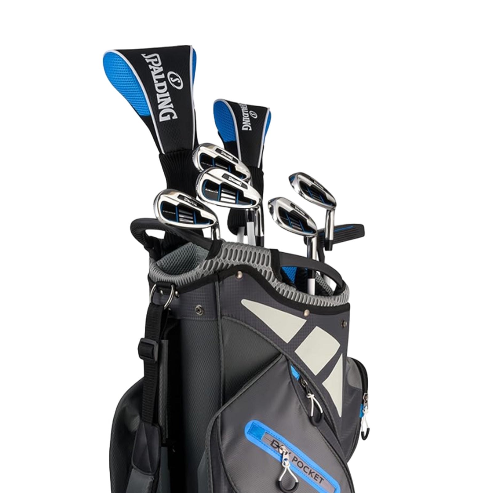 A golf bag stands upright displaying several golf clubs inserted into its top compartments showcasing a blend of black and blue colors with various pockets for storage